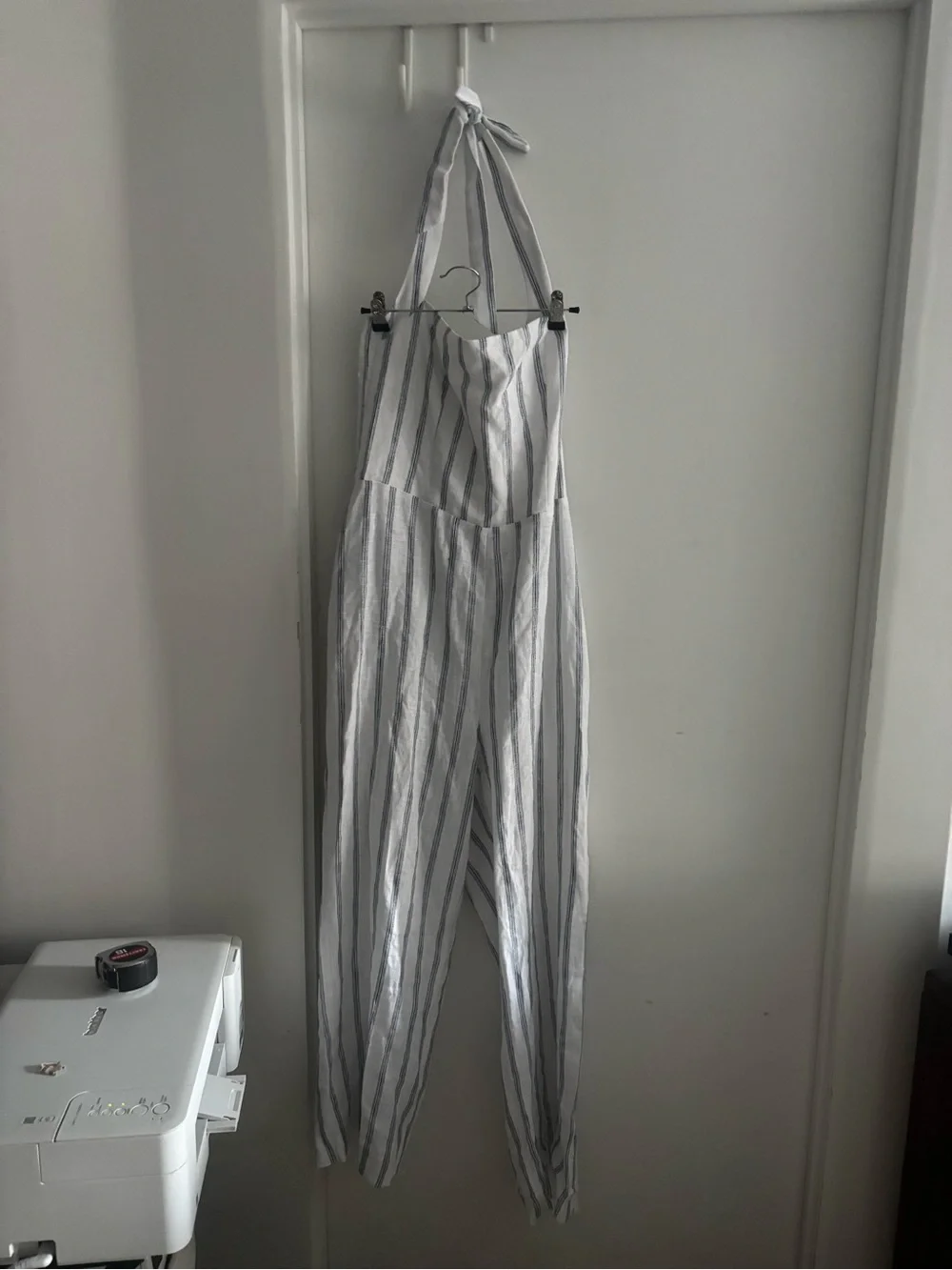 Reformation Malika Linen Jumpsuit Harbor Stripe 10 Sleeveless Halter Blue White
